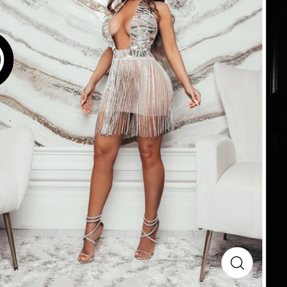 Silver Fringe Halter Prom Dress